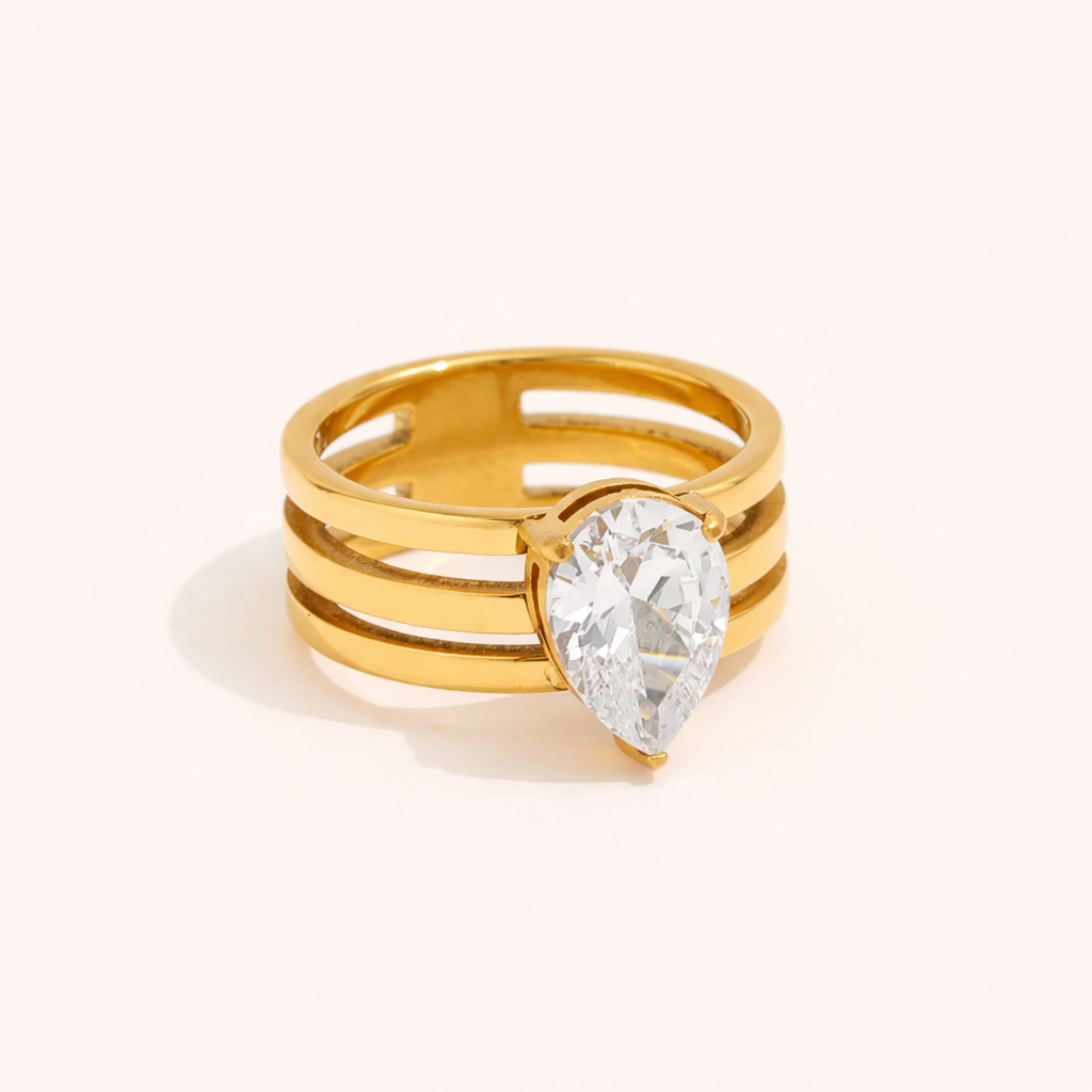 Trinity Drop Ring – Triple band Stainless Steel ring with teardrop zirconia
