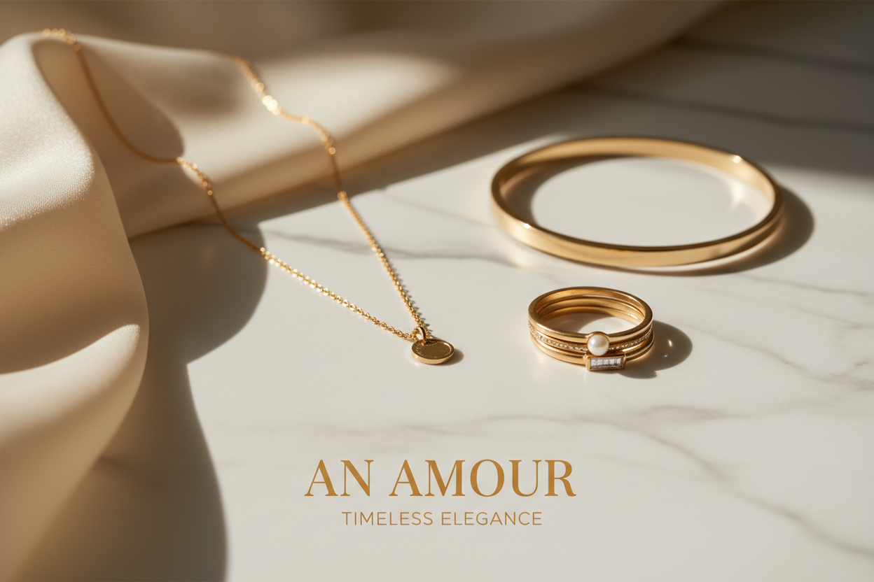 Hero banner met gouden ketting, ring en armband voor An Amour